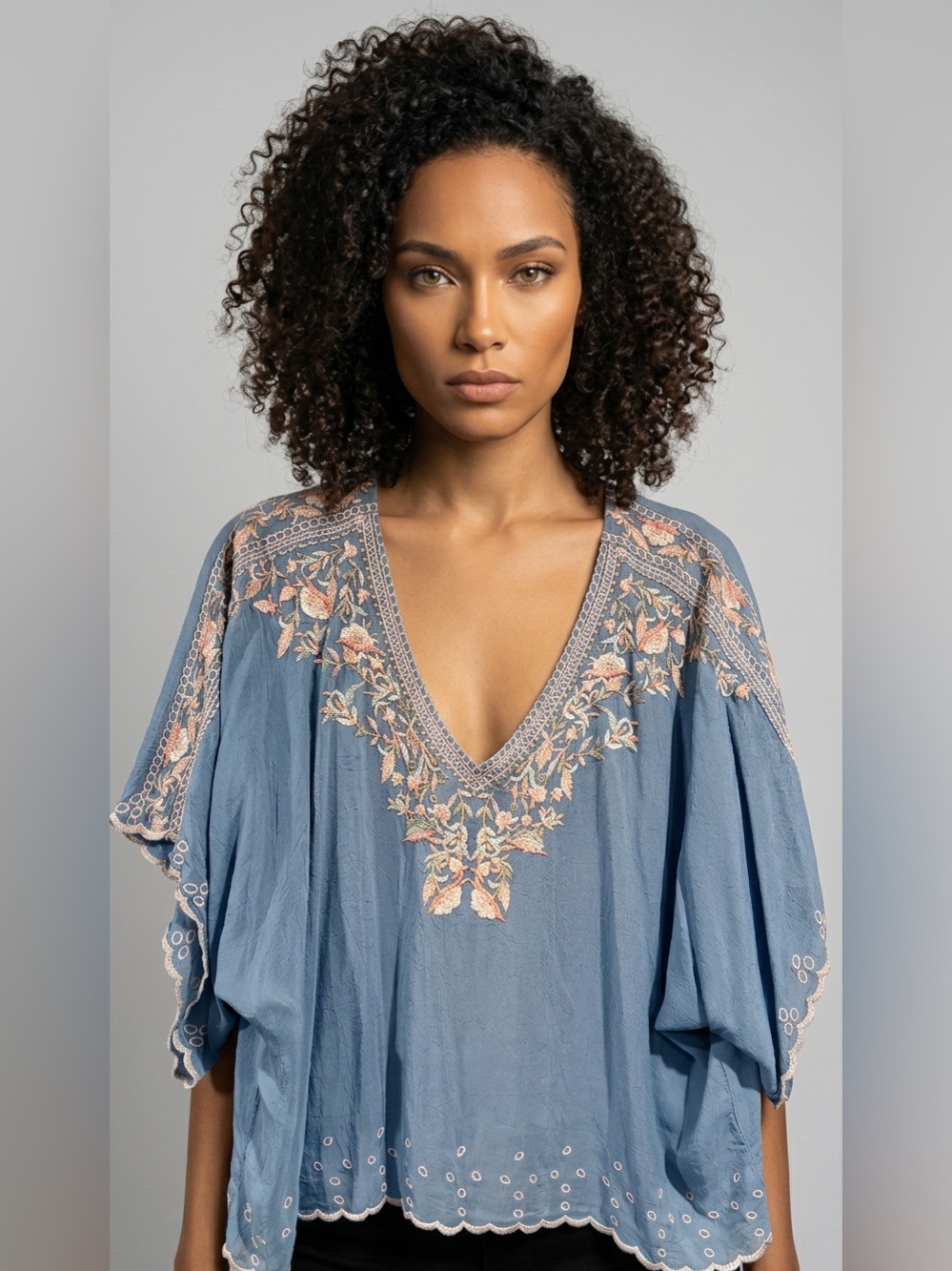 Johnny Was Dusty Blue Embroidered V-Neck Peasant Blouse
